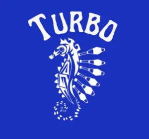 Blauw-wit logo van Turbo 418, een organisatie uit Quebec die het jongleerfestival Turbo Fest organiseert.