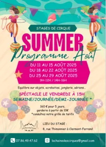 Affiche colorée illustrée du programme des stages de cirque pour enfants d’août 2025, avec dates, horaires, contact et tarifs. Deux enfants en équilibre avec cerceaux, ambiance estivale et festive.