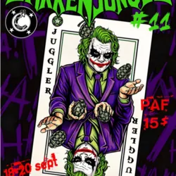 Affiche très colorée de la Sarre’enjongle #11 sur fond noir et violet, inspirée de l'univers graphique du Joker et des cartes à jouer. Au centre, un personnage aux cheveux verts et au costume violet est représenté sur une carte de jongleur en manipulant p