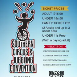 Affiche de la Southern Circus & Juggling Convention 2026, convention de jonglerie et des arts du cirque organisée le samedi 21 novembre 2026 de 11h à 22h au Five Rivers Leisure Centre de Salisbury en Angleterre, avec workshops, pratique libre.
