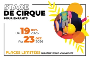 Affiche du stage de cirque pour enfants organisé à Mugron du 19 au 23 octobre 2026, avec initiation au jonglage, à l’équilibre et aux acrobaties. Places limitées, réservation obligatoire.