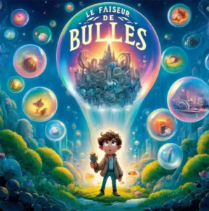 Affiche illustrée du spectacle jeune public Le Faiseur de Bulles, montrant un enfant entouré de bulles lumineuses contenant différents mondes imaginaires, pour la tournée 2027 de Youssef le Daron.