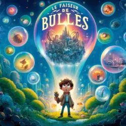 Affiche illustrée du spectacle jeune public Le Faiseur de Bulles, montrant un enfant entouré de bulles lumineuses contenant différents mondes imaginaires, pour la tournée 2027 de Youssef le Daron.