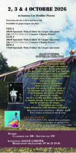 Programme de Pain d’chien, nouvelle création du Cirque sans noms présentée sous chapiteau à Nexon du 2 au 4 octobre 2026, avec spectacles vendredi et samedi à 20h30, dimanche à 17h30 et concerts de Charles Précox les vendredi et samedi soir.