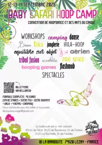 Affiche officielle du Baby Safari Hoop Camp 2025, convention de hoopdance et arts du cirque à Lezay, avec la liste des disciplines proposées : cerceau aérien, tribal fusion, acrobatie, spectacles, hooping games, DJ set et camping.