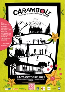 Silhouettes de personnages qui font du cirque en descendant de la montagne