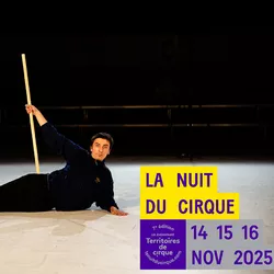 Een kunstenaar die een stok in evenwicht houdt