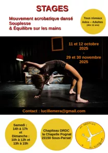 Affiche voor de workshop acrobatische dansbewegingen, flexibiliteit en handbalans georganiseerd door Des Racines et du Cirque in Sous-Parsat (Creuse), met een foto van een artiest in een brugpositie op het podium, verlicht door een rode lamp, en de data v