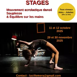 Affiche voor de workshop acrobatische dansbewegingen, flexibiliteit en handbalans georganiseerd door Des Racines et du Cirque in Sous-Parsat (Creuse), met een foto van een artiest in een brugpositie op het podium, verlicht door een rode lamp, en de data v