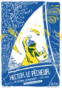 Een visser in een geel oliepak jongleert met vis, met op de achtergrond een zeil.