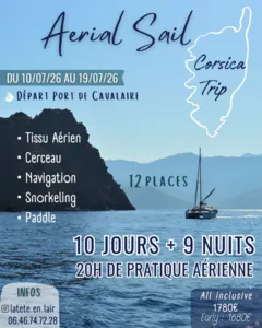 Sailboat at sea off the coast of Corsica, announcing the Aerial Sail Corsica Trip 2026 with dates, disciplines and prices.