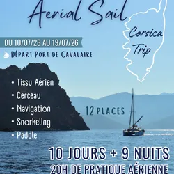 Sailboat at sea off the coast of Corsica, announcing the Aerial Sail Corsica Trip 2026 with dates, disciplines and prices.