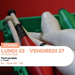 Colorful juggling clubs arranged in a crate, illustrating a children's circus workshop focused on juggling.